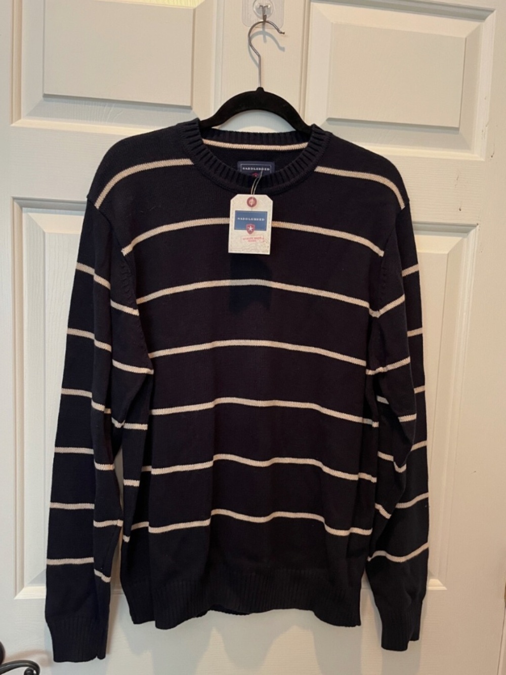 Saddlebred Navy with Beige Stripe Mens Sweater NWT Size L